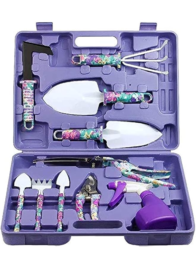 promass Garden Tools Set 10 Pieces Gardening Tools with Purple Floral Print Garden Hand Tools with Carrying Case Gardening Gifts for Women - Image 1