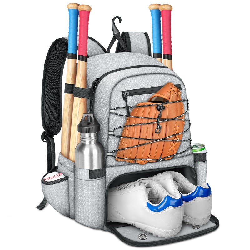 MATEIN Youth Baseball Bag for 4 Bats, Lightweight Youth Baseball Backpack with Shoe Compartent for Water Bottle & Balls, Water Resistant Softball Equipment Bag with Fence Hook, Grey - Image 1