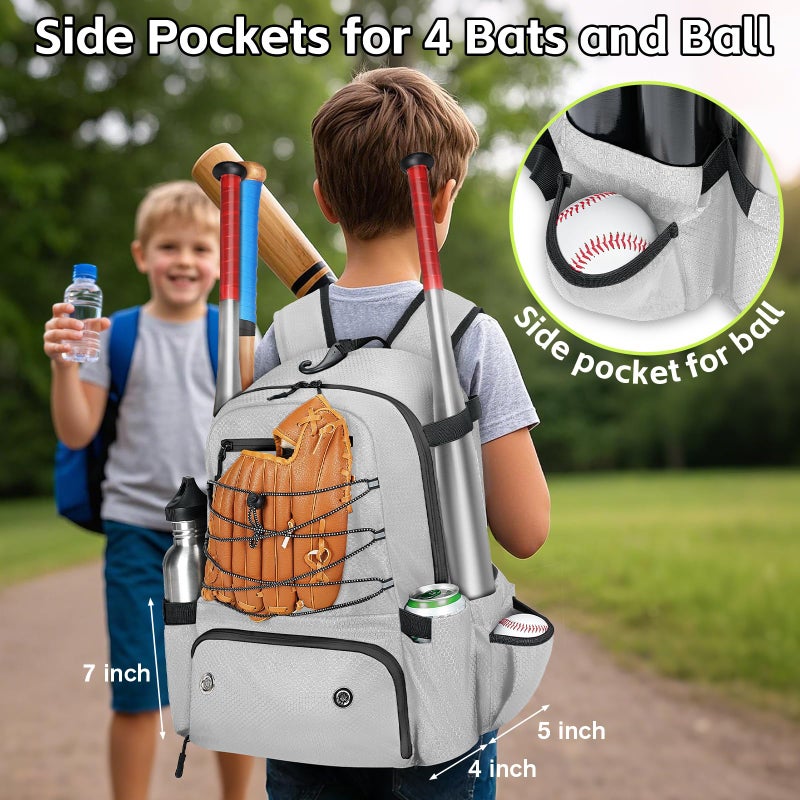 MATEIN Youth Baseball Bag for 4 Bats, Lightweight Youth Baseball Backpack with Shoe Compartent for Water Bottle & Balls, Water Resistant Softball Equipment Bag with Fence Hook, Grey - Image 2
