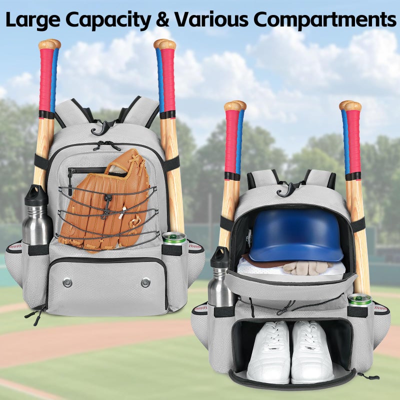 MATEIN Youth Baseball Bag for 4 Bats, Lightweight Youth Baseball Backpack with Shoe Compartent for Water Bottle & Balls, Water Resistant Softball Equipment Bag with Fence Hook, Grey - Image 3