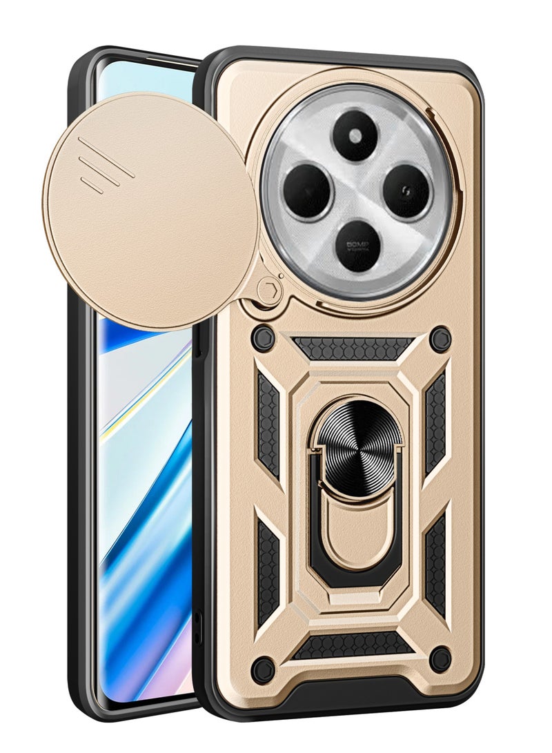 Shunjia Sliding Window Case, Shockproof Rugged Armor with Sliding Camera Cover & 360° Ring Kickstand, Compatible with Xiaomi Redmi 14C (Gold)