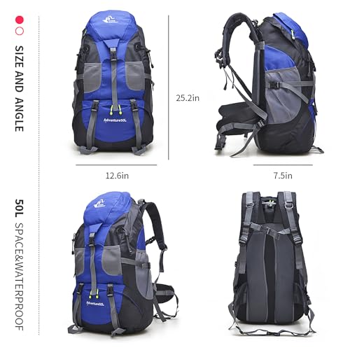 Bseash 50L Hiking Backpack, Water Resistant Lightweight Outdoor Sport Daypack Travel Bag for Camping Climbing Skiing Cycling (Blue - No Shoe Compartment) - Image 2