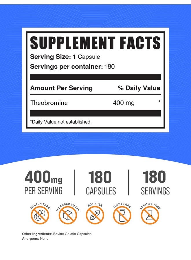 BulkSupplements.com Theobromine Capsules - Theobromine Supplement, Nootropic Supplement, Theobromine 400mg - Brain & Energy Support - Gluten Free, 1 Capsule per Serving, 180 Capsules - Image 2