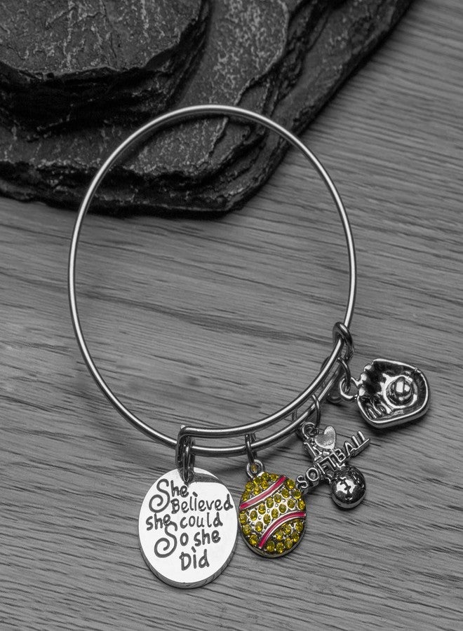 Sportybella Softball Charm Bracelet, Adjustable Silver Bangle with She Believed She Could So She Did, Softball Jewelry & Accessories, Gifts for Players and Teams - Image 2