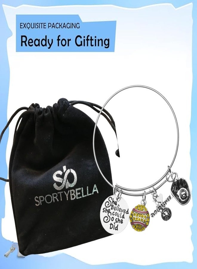 Sportybella Softball Charm Bracelet, Adjustable Silver Bangle with She Believed She Could So She Did, Softball Jewelry & Accessories, Gifts for Players and Teams - Image 3