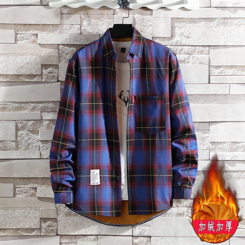 2023 fleece-lined thick thermal shirt mens plaid casual shirt brushed youth Korean-style slim-fit fleece shirt 9969 Blue [Velvet]]