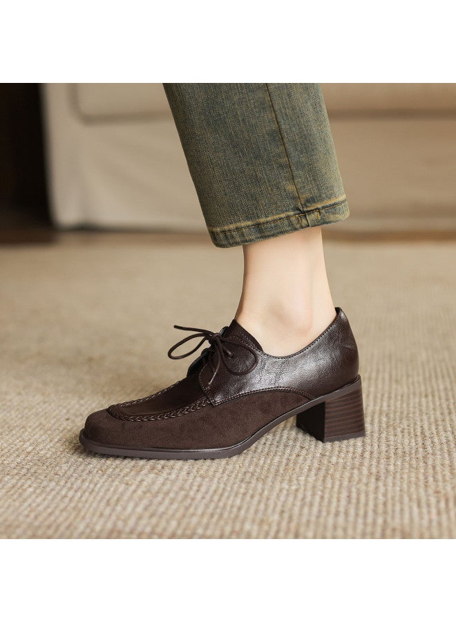 AME Simple Square-toe Lace-up Women's Leather Shoes 2025 New Patchwork Retro Chunky Heel Flats For Women - Image 5