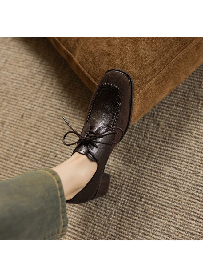 AME Simple Square-toe Lace-up Women's Leather Shoes 2025 New Patchwork Retro Chunky Heel Flats For Women - Image 4