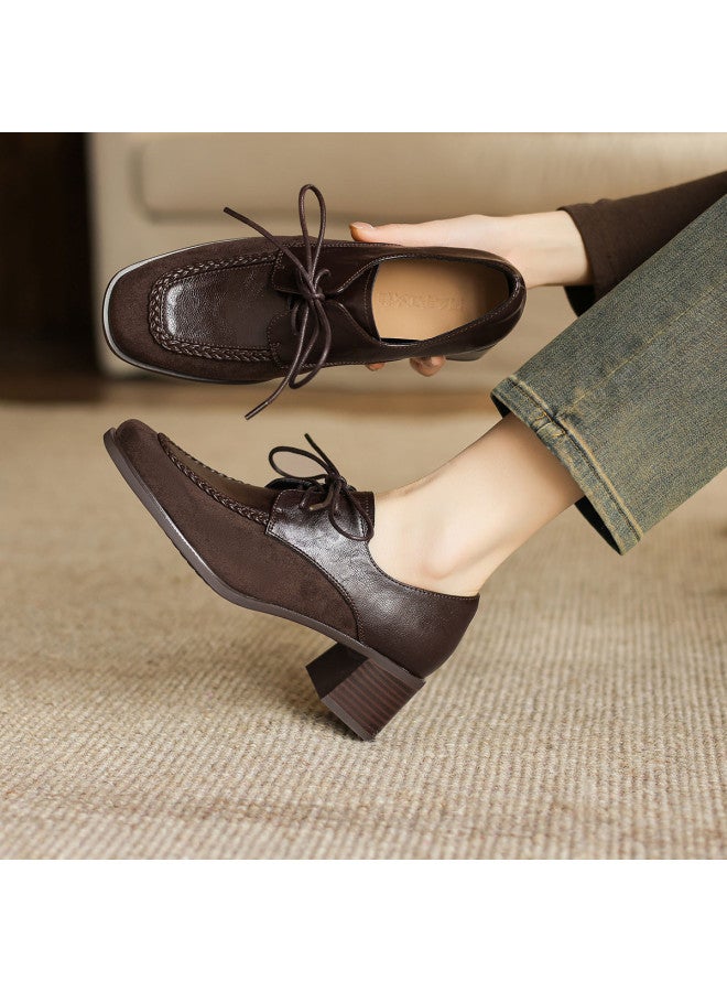 AME Simple Square-toe Lace-up Women's Leather Shoes 2025 New Patchwork Retro Chunky Heel Flats For Women - Image 3