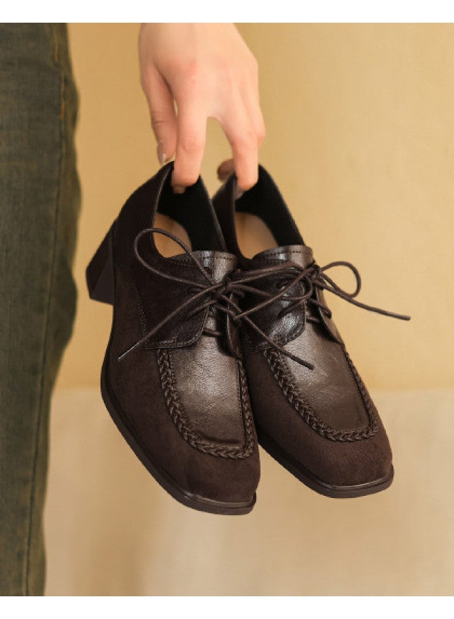 AME Simple Square-toe Lace-up Women's Leather Shoes 2025 New Patchwork Retro Chunky Heel Flats For Women - Image 1