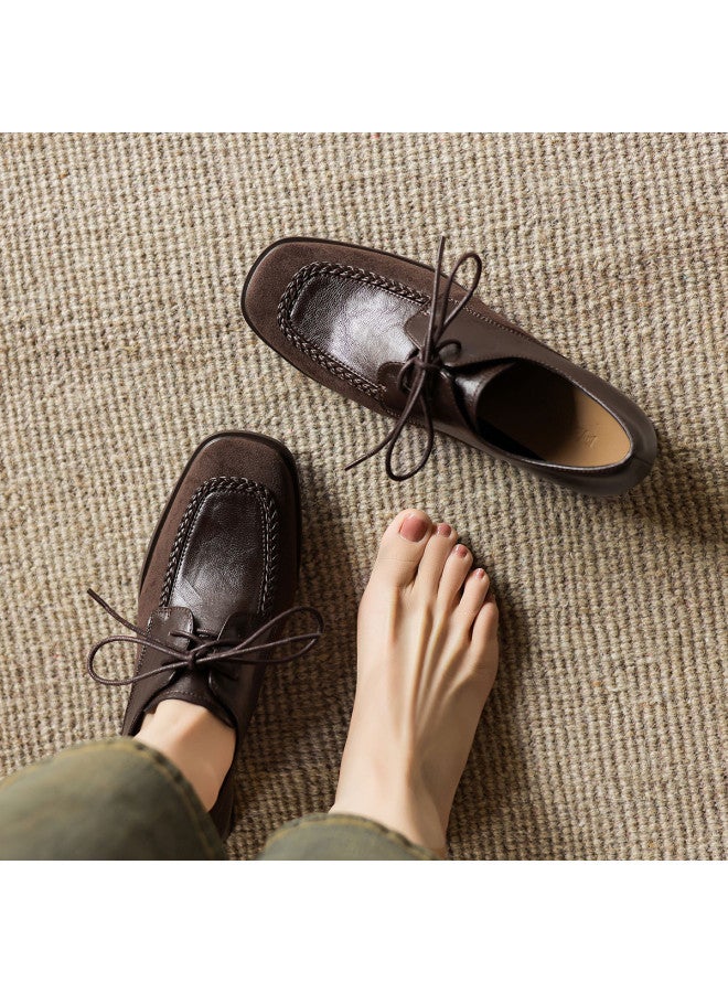 AME Simple Square-toe Lace-up Women's Leather Shoes 2025 New Patchwork Retro Chunky Heel Flats For Women - Image 2