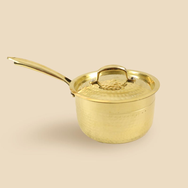 Spillbox Putrika Brass Hammered Sauce Pot Cookware|Dishwasher Safe|Food Grade |Heavy |FryPan |Curry |Stirfry|Deepfry-Hammered Sauce Pot with lid (Small) - Image 1