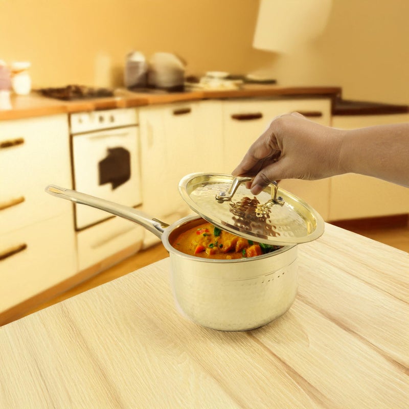 Spillbox Putrika Brass Hammered Sauce Pot Cookware|Dishwasher Safe|Food Grade |Heavy |FryPan |Curry |Stirfry|Deepfry-Hammered Sauce Pot with lid (Small) - Image 2