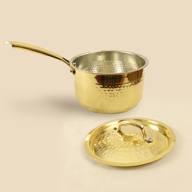 Spillbox Putrika Brass Hammered Sauce Pot Cookware|Dishwasher Safe|Food Grade |Heavy |FryPan |Curry |Stirfry|Deepfry-Hammered Sauce Pot with lid (Small) - Image 3