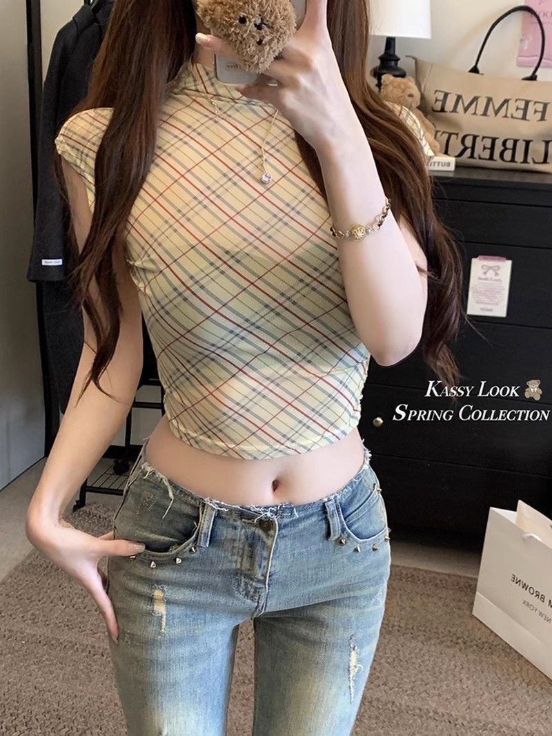 Sweet Girl Half Turtleneck Short-Sleeved Red Plaid T-Shirt Women's Summer New Tight-Fitting Slim Outer Short Top Ins - Image 4