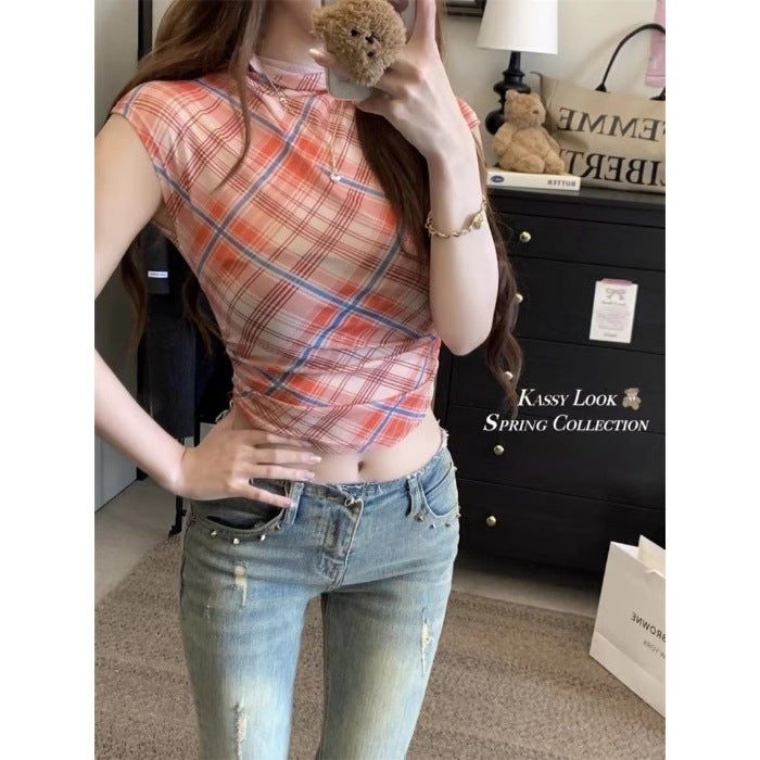 Sweet Girl Half Turtleneck Short-Sleeved Red Plaid T-Shirt Women's Summer New Tight-Fitting Slim Outer Short Top Ins - Image 1