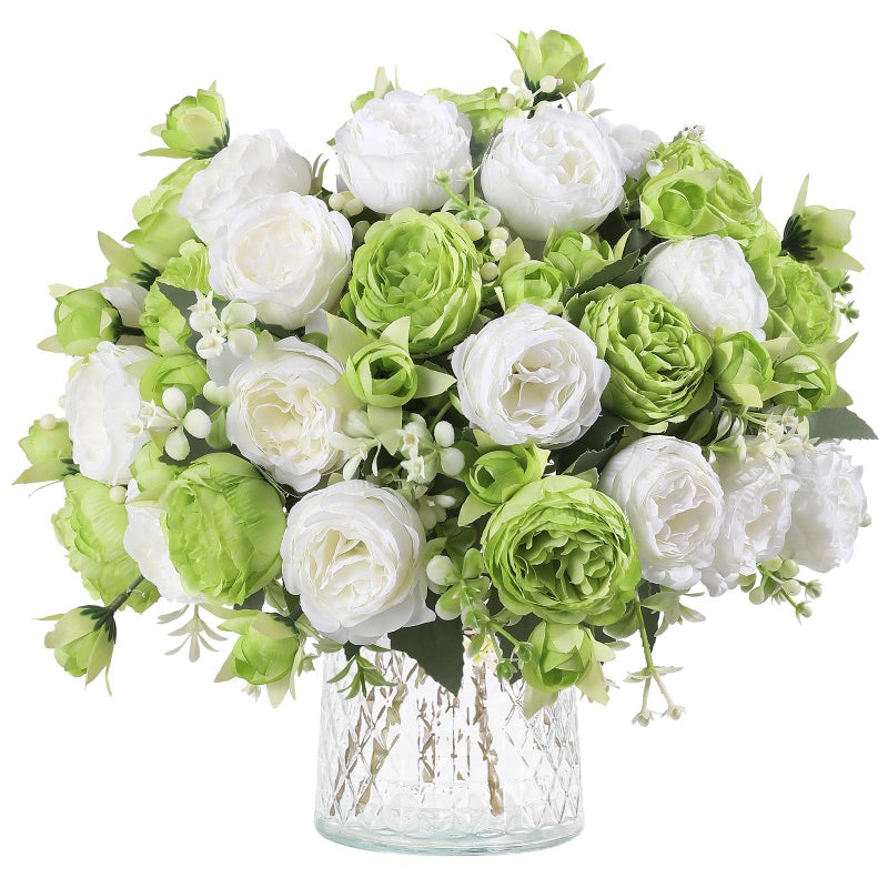 Floweroyal 4 Bunches Peony Artificial Flowers Green Flowers Silk Peonies Bouquets For Wedding Party Table Centerpieces Floral Arrangement Home Kitchen Decor - Image 1