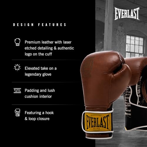 Everlast 1910 Leather Boxing Gloves | Vintage Training Gloves for Men and Women | Hook and Loop with Triple-Layer Foam | Heavy Bag & Fitness Training - Image 3