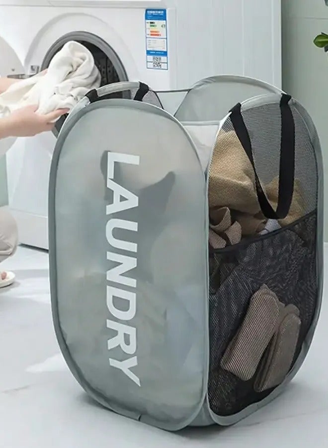 Home Laundry Basket, Foldable Storage Basket, Mesh Popup Laundry Basket, Collapsible Clothes Washing Laundry Hamper with Carry Handle,Grey - Image 1