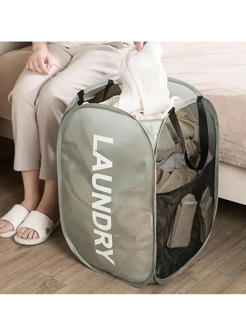 Home Laundry Basket, Foldable Storage Basket, Mesh Popup Laundry Basket, Collapsible Clothes Washing Laundry Hamper with Carry Handle,Grey - Image 5