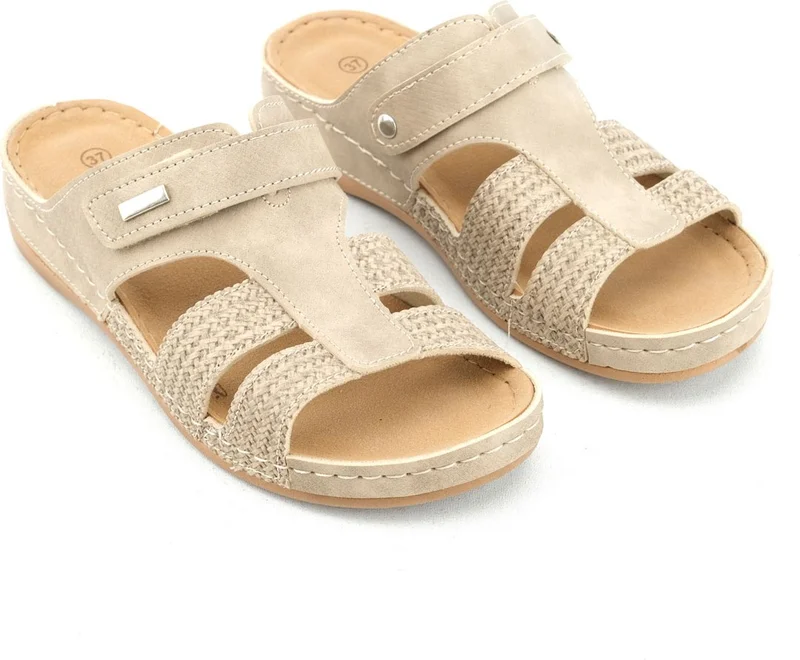 جيزر Summer Women's Faux Leather Comfortable Insole Single Velcro Belt Adjustable Daily Slippers