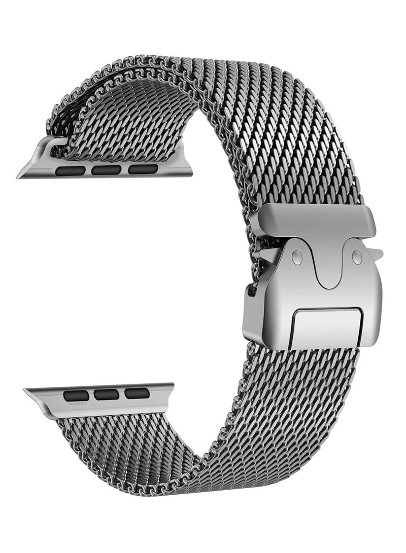 CATANES Milanese Loop for Apple Watch Band Ultra 2 Band Ultra 49mm 46mm 45mm 44mm, Parachute-Style Buckle Stainless Steel Mesh Metal Band for iWatch Series 10-1 SEÂ - Silver - Image 2