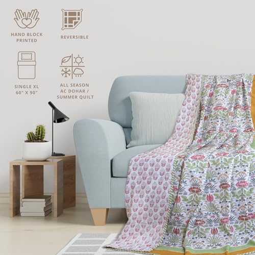 TOAIArt Premium Jaipuri Dohar | AC Blanket Summer Quilt | Hand Block Printed | 3 Layers | Reversible | 150GSM 100% Mulmul Cotton | 100% Cotton Flannel Filling | Single 60" X 90" |Spring Floral - Image 4