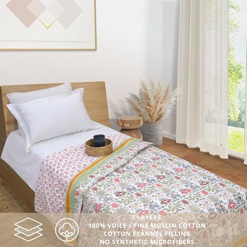 TOAIArt Premium Jaipuri Dohar | AC Blanket Summer Quilt | Hand Block Printed | 3 Layers | Reversible | 150GSM 100% Mulmul Cotton | 100% Cotton Flannel Filling | Single 60" X 90" |Spring Floral - Image 2