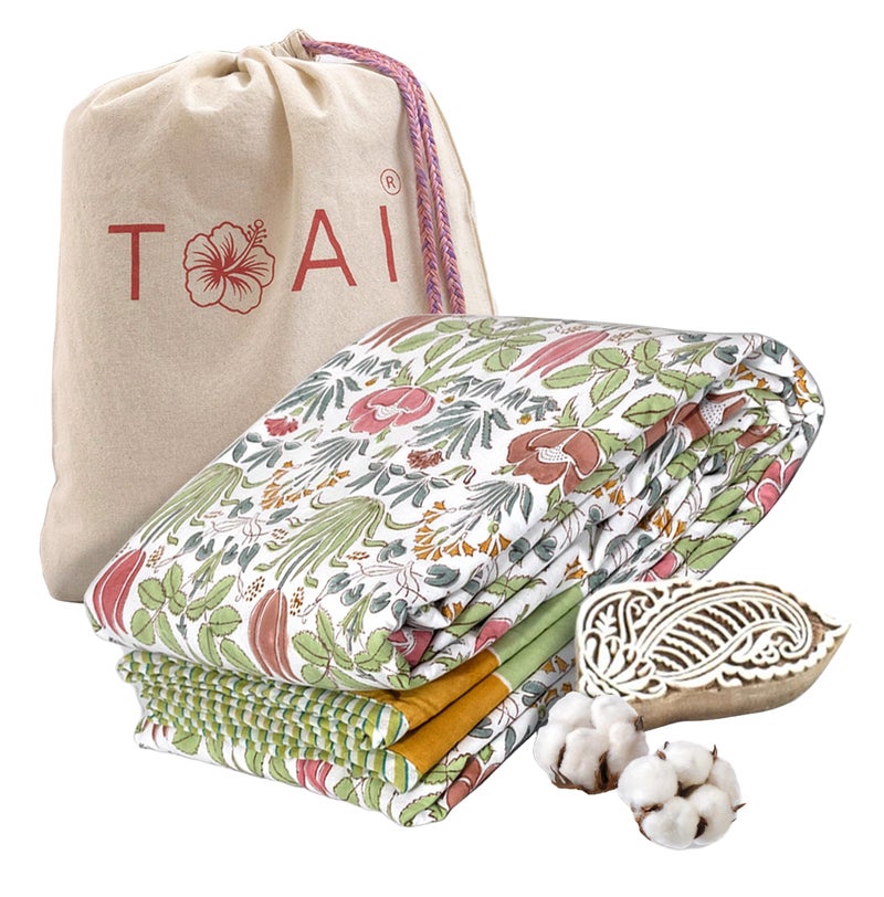 TOAIArt Premium Jaipuri Dohar | AC Blanket Summer Quilt | Hand Block Printed | 3 Layers | Reversible | 150GSM 100% Mulmul Cotton | 100% Cotton Flannel Filling | Single 60" X 90" |Spring Floral - Image 1