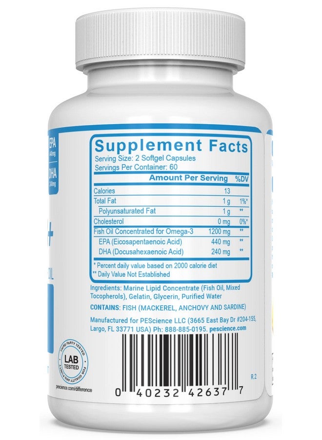 PEScience Omega-3+, 440mg EPA and 240mg DHA Fish Oil Supplement, Easy to Swallow Small Size Softgel, No Taste, 60 Servings - Image 2