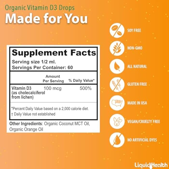 LIQUIDHEALTH Vitamin D3 4000 IU, USDA Organic Vitamin D Liquid Drops for Adults & Kids, Vegan Vitamin D for Immune System Support, Bone Health, Mood Support, Healthy Skin - Made in USA (2 oz) - Image 5