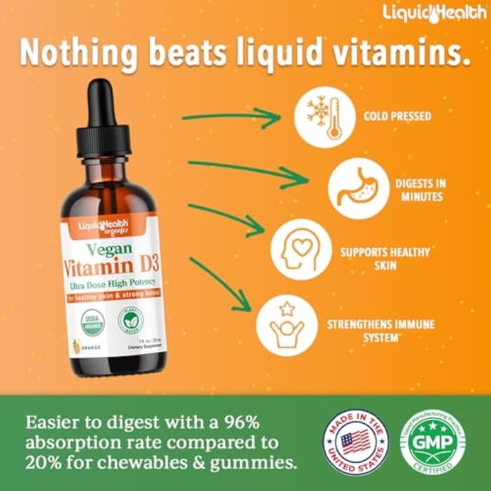 LIQUIDHEALTH Vitamin D3 4000 IU, USDA Organic Vitamin D Liquid Drops for Adults & Kids, Vegan Vitamin D for Immune System Support, Bone Health, Mood Support, Healthy Skin - Made in USA (2 oz) - Image 2