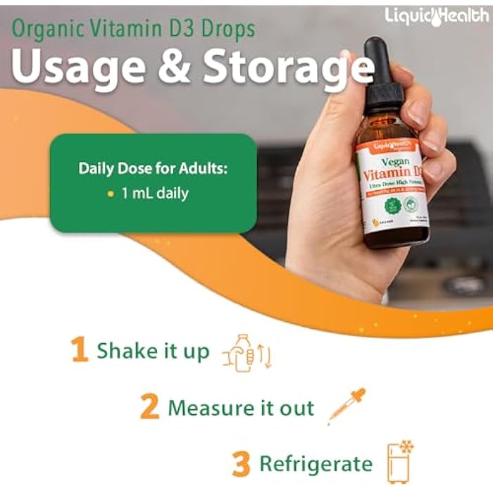 LIQUIDHEALTH Vitamin D3 4000 IU, USDA Organic Vitamin D Liquid Drops for Adults & Kids, Vegan Vitamin D for Immune System Support, Bone Health, Mood Support, Healthy Skin - Made in USA (2 oz) - Image 4