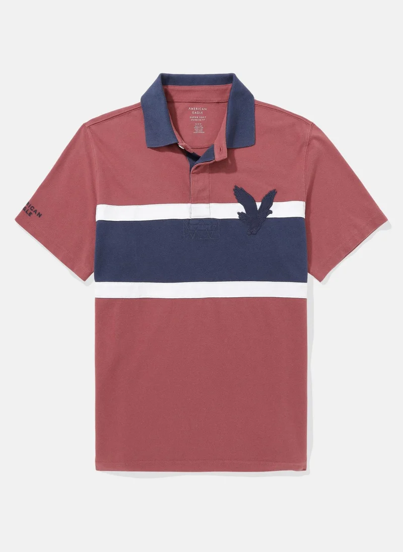 American Eagle Colorblock Logo Flex Pique Polo Shirt