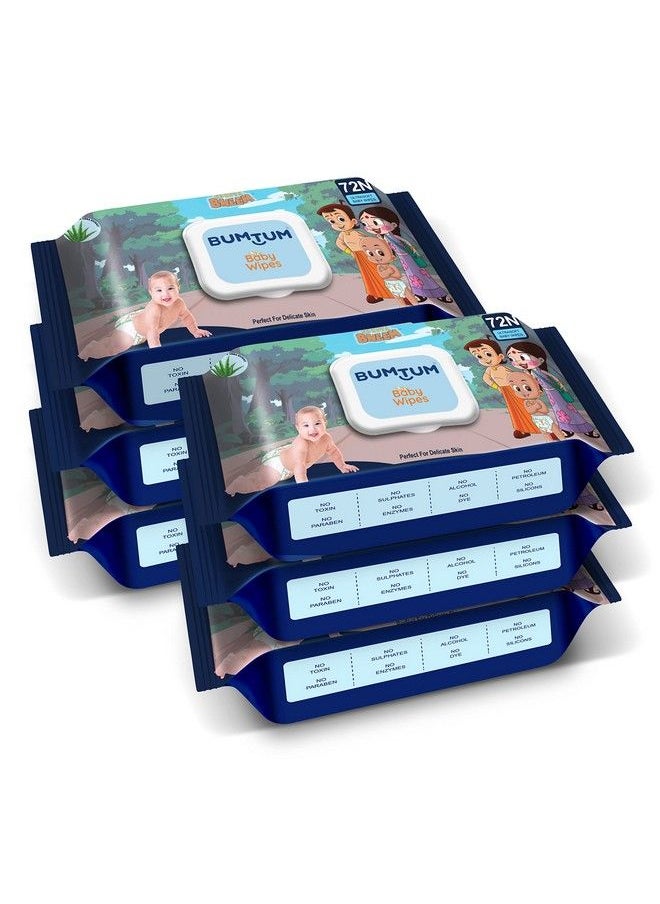 Bumtum - Baby Chota Bheem Gentle Soft Moisturizing Wet Wipes With Lid ; Aloe Vera & Chamomile Extracts ; Paraben & Sulfate Free (Pack Of 6 72 Pcs. Per Pack) - Image 1