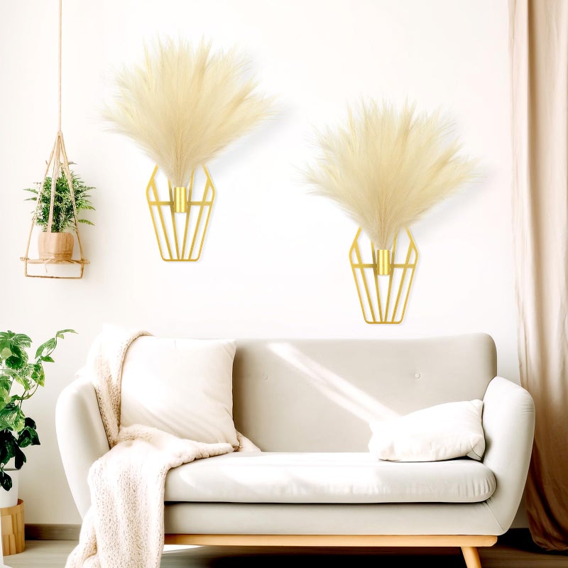 koyiltd 2 قطع بوهو جدار ديكور الذهب الجدار المعدني الفن الاصطناعي pampas الجدار مثبت على العمل المنزلي النباتية معلقة ديكور لغرفة النوم غرفة المعيشة الحمام (قذيفة ذهبية طازجة) - Image 2