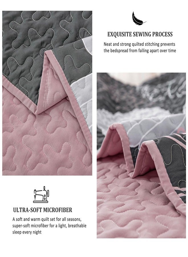 Anibedding Grey Floral Bed Quilts Queen Size - 3 Pieces Pink Quilt Set Bedspread Flower Pattern, Reversible Microfiber Coverlet Set, Soft Microfiber Bedding Quilt Set (96''x90'', Grey/Pink) - Image 3