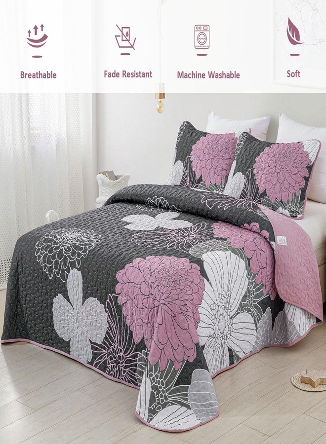 Anibedding Grey Floral Bed Quilts Queen Size - 3 Pieces Pink Quilt Set Bedspread Flower Pattern, Reversible Microfiber Coverlet Set, Soft Microfiber Bedding Quilt Set (96''x90'', Grey/Pink) - Image 4