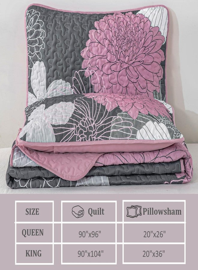 Anibedding Grey Floral Bed Quilts Queen Size - 3 Pieces Pink Quilt Set Bedspread Flower Pattern, Reversible Microfiber Coverlet Set, Soft Microfiber Bedding Quilt Set (96''x90'', Grey/Pink) - Image 5