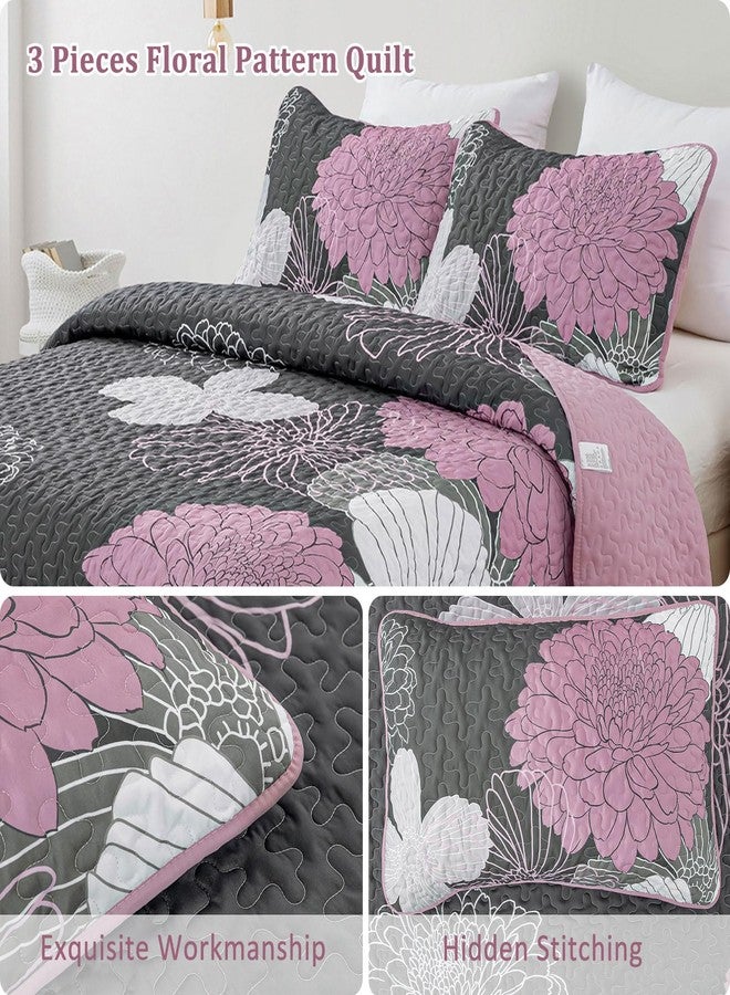 Anibedding Grey Floral Bed Quilts Queen Size - 3 Pieces Pink Quilt Set Bedspread Flower Pattern, Reversible Microfiber Coverlet Set, Soft Microfiber Bedding Quilt Set (96''x90'', Grey/Pink) - Image 2