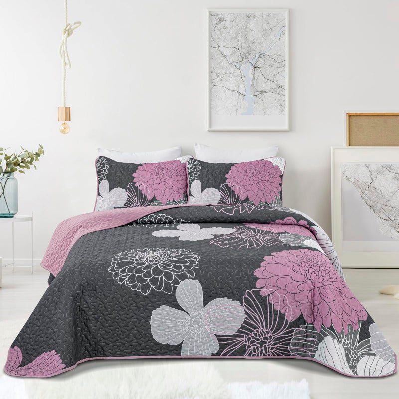 Anibedding Grey Floral Bed Quilts Queen Size - 3 Pieces Pink Quilt Set Bedspread Flower Pattern, Reversible Microfiber Coverlet Set, Soft Microfiber Bedding Quilt Set (96''x90'', Grey/Pink) - Image 1