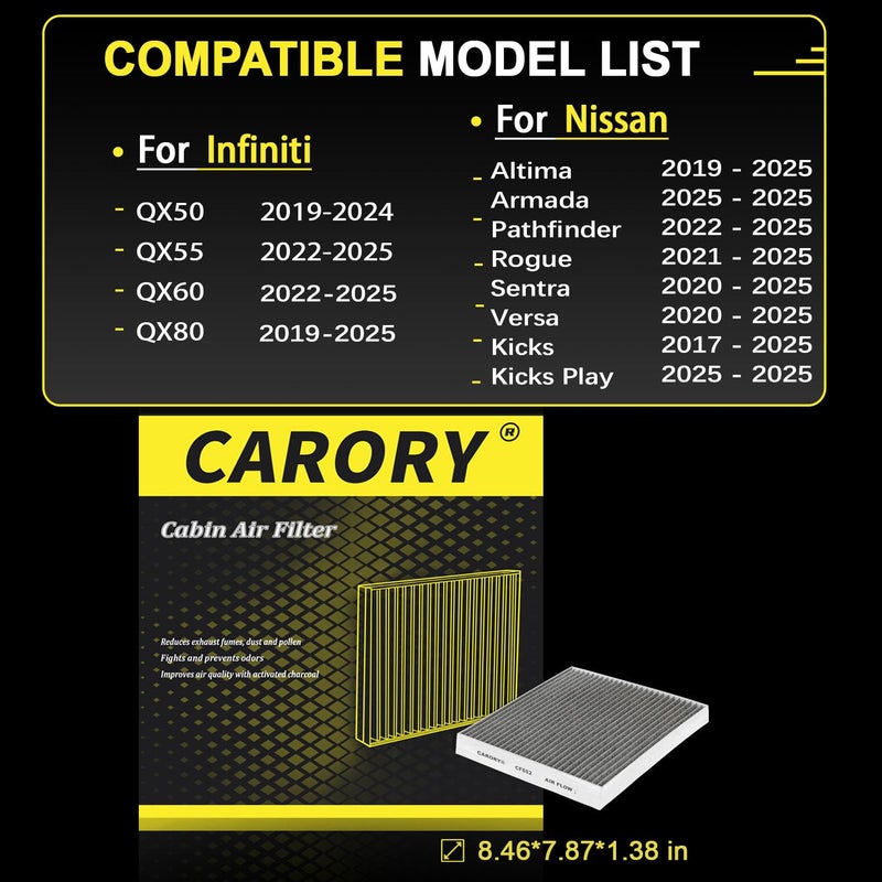 CARORY Cabin Air Filter w/Activated Carbon for Nissan Rogue 21-25, Altima 19-25, Kicks 17-25, Pathfinder 22-25, Sentra 20-25, Versa 20-25, Infiniti QX50 19-24, QX55 22-25, QX60 22-25, QX80 19-25 - Image 2