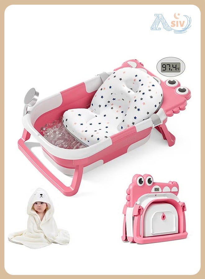 ASIV Foldable Baby Bathtub With Thermometer, Soft Float Pad And Hooded Towel, Space-Saving Design With Drainage, 0 - 36 Months  - Image 1