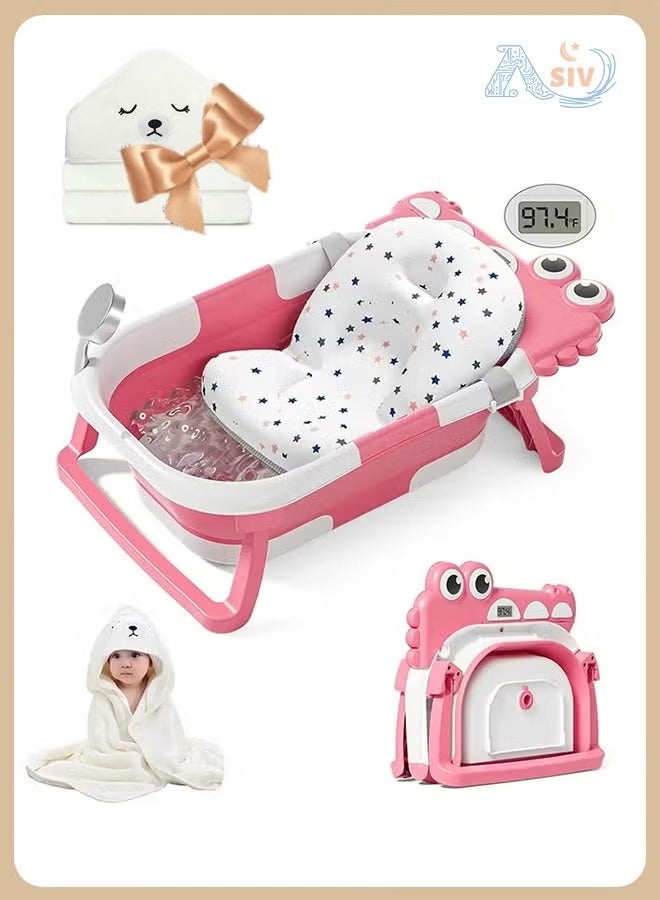 ASIV Foldable Baby Bathtub With Thermometer, Soft Float Pad And Hooded Towel, Space-Saving Design With Drainage, 0 - 36 Months - Image 1