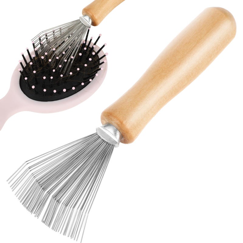 Andibro Hair Brush Cleaner Tool Comb Cleaning Brush Rake Design Brush Cleaner Wooden Handle Hair Remover Mini Hair Instrument for Removing Hairs Dust Dirt Lint Home Salon