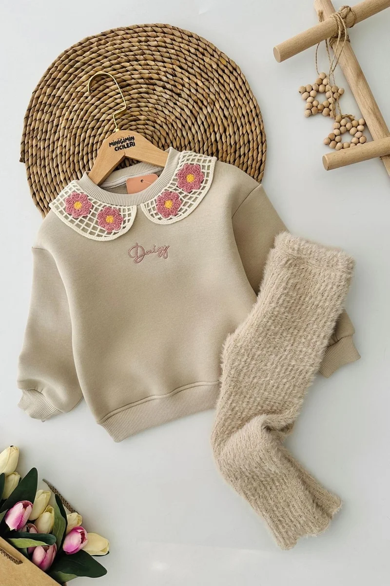 Miniğimin Cicileri My Little Ones (3-6 Years Old) Children's Suit with Knitted Collar and Beard and Fabric Leggings - Pink