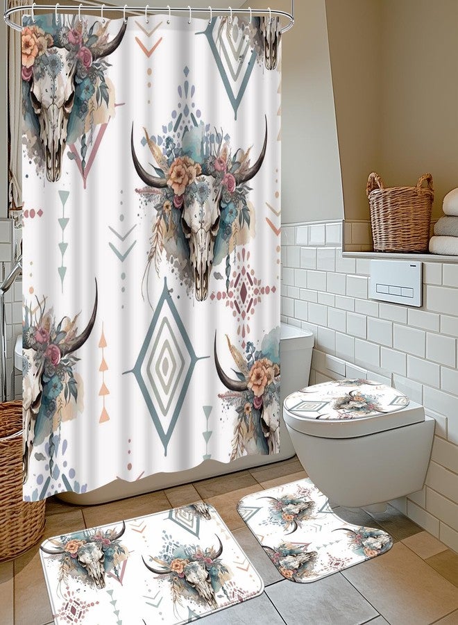 Ticuenicoa Western Cow Skull Shower Curtain Set, 4 Pcs 72x72 Inch Bathroom Decor with Bath Mat, U-Shape Rug, Toilet Lid Cover & 12 Rustic Hooks, Waterproof Anti-Slip Design - Image 2
