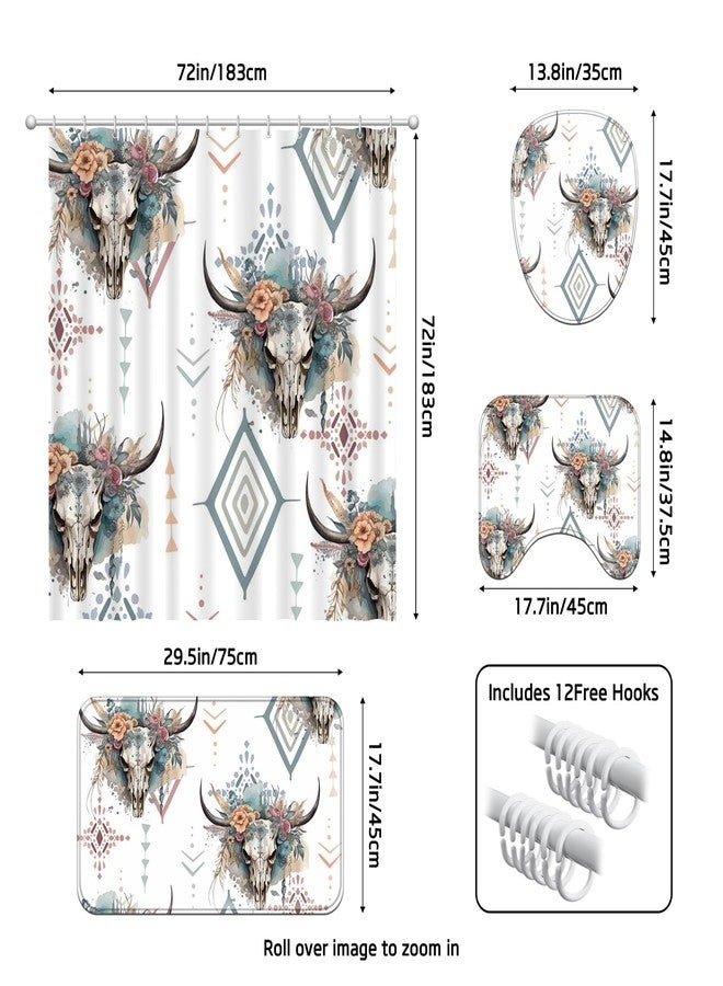 Ticuenicoa Western Cow Skull Shower Curtain Set, 4 Pcs 72x72 Inch Bathroom Decor with Bath Mat, U-Shape Rug, Toilet Lid Cover & 12 Rustic Hooks, Waterproof Anti-Slip Design - Image 3