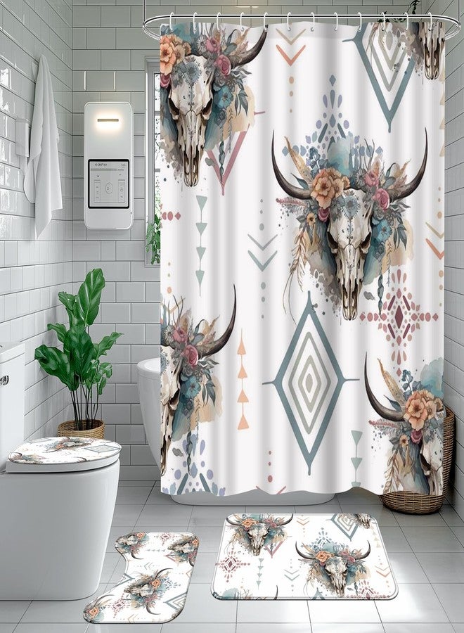 Ticuenicoa Western Cow Skull Shower Curtain Set, 4 Pcs 72x72 Inch Bathroom Decor with Bath Mat, U-Shape Rug, Toilet Lid Cover & 12 Rustic Hooks, Waterproof Anti-Slip Design - Image 1