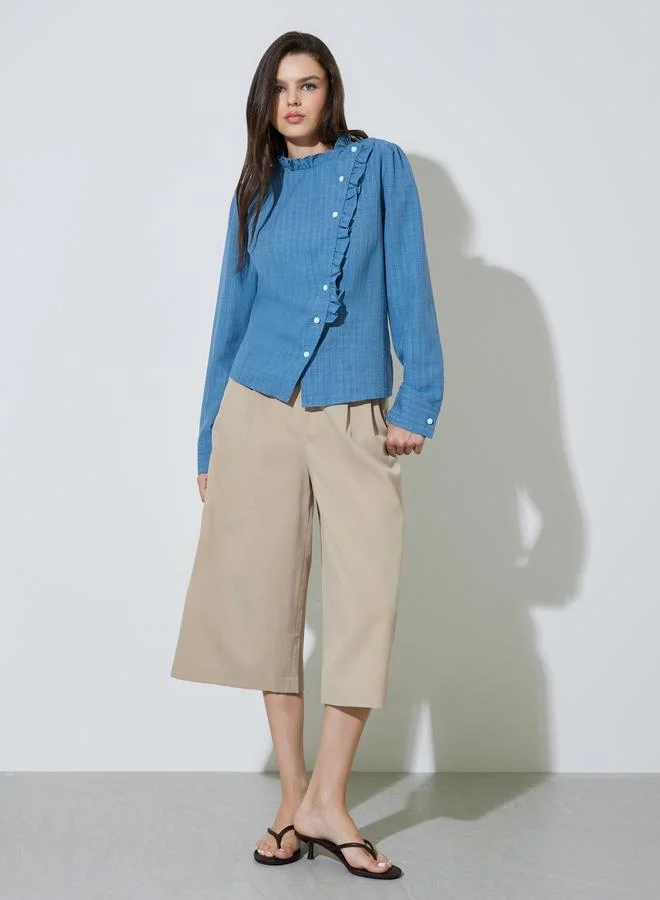 تايك تو Blue Ruffle Long Sleeves Blouse